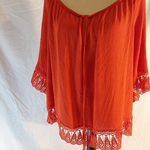 Cato Women Plus Crocheted Trim Top. Orange on or off shoulder Top - Picture 4 of 9
